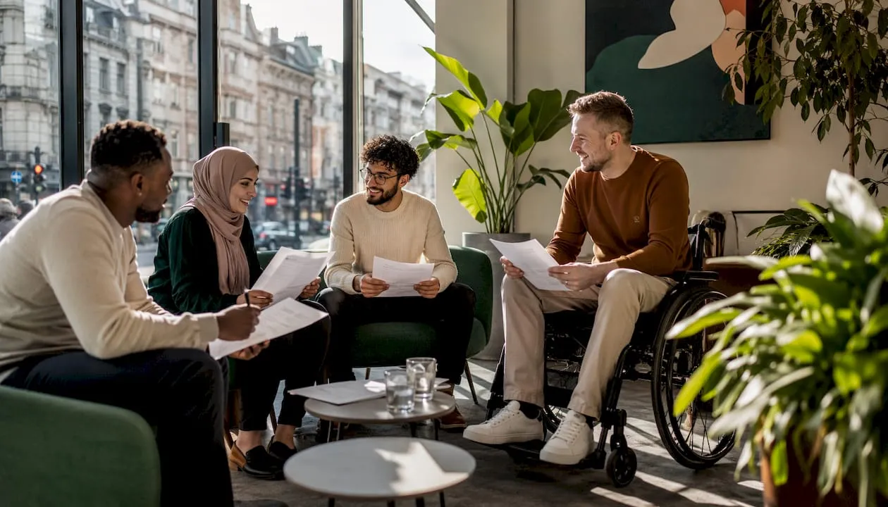 Diverse UK office team discussing hiring policy