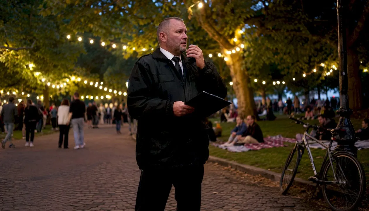 UK event security guard at venue entrance