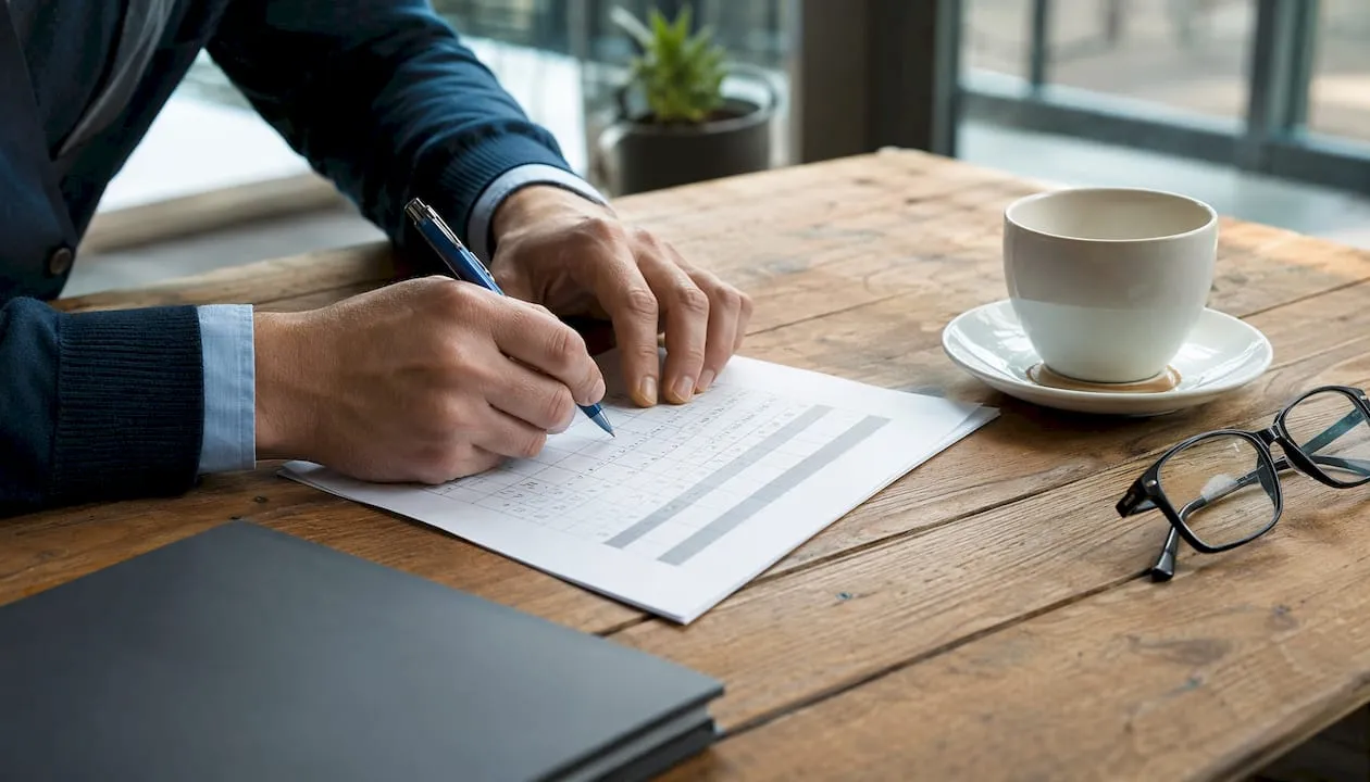Hands completing shortlisting matrix on desk