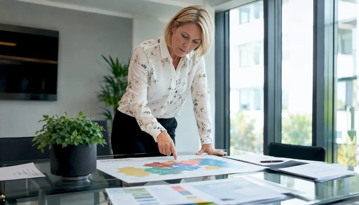HR manager pointing at printed applicant data map UK