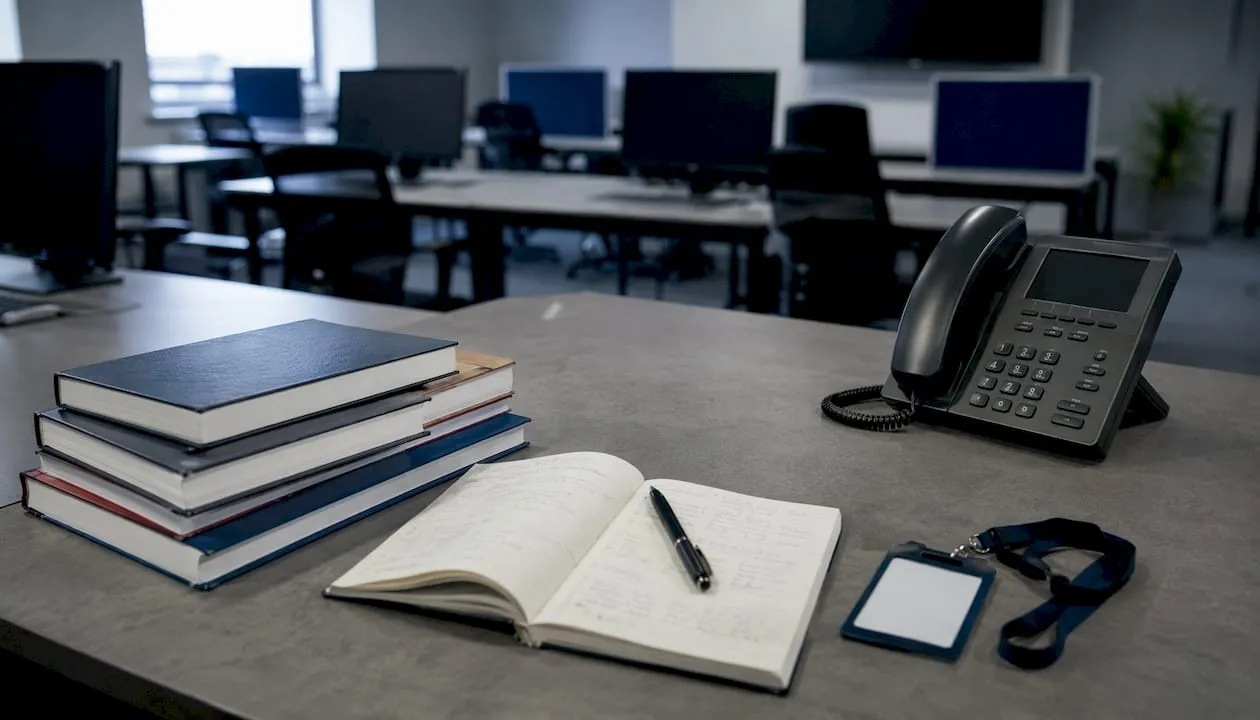 Empty UK security operations centre workspace