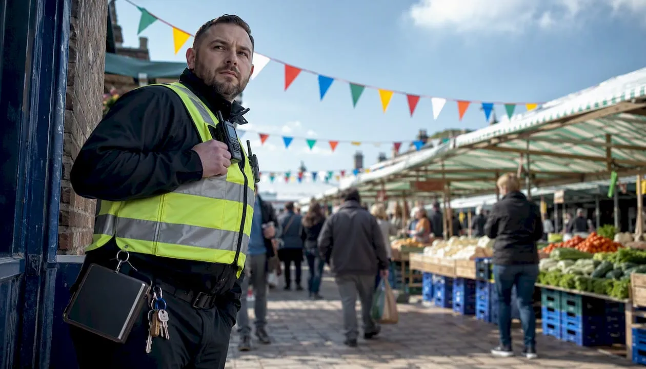 UK retail security officer monitoring entrance