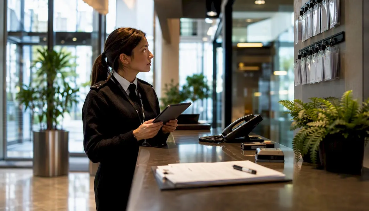 Corporate security officer at reception desk