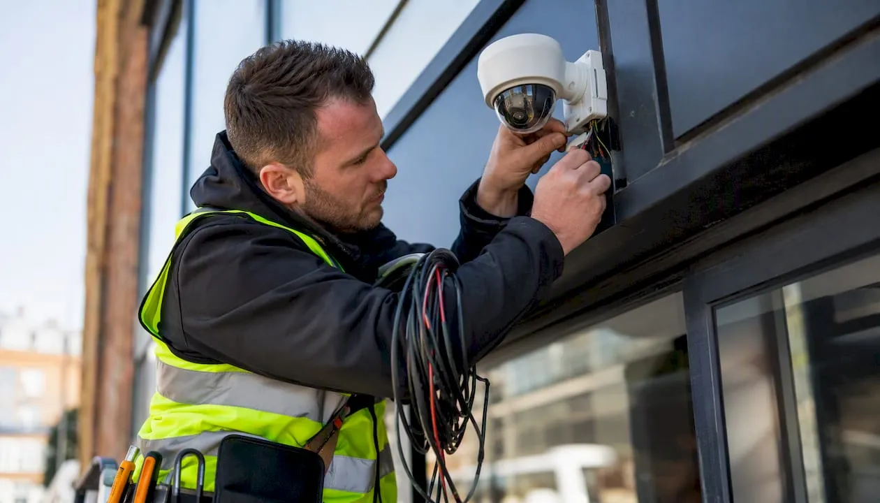 UK engineer wiring CCTV camera outdoors