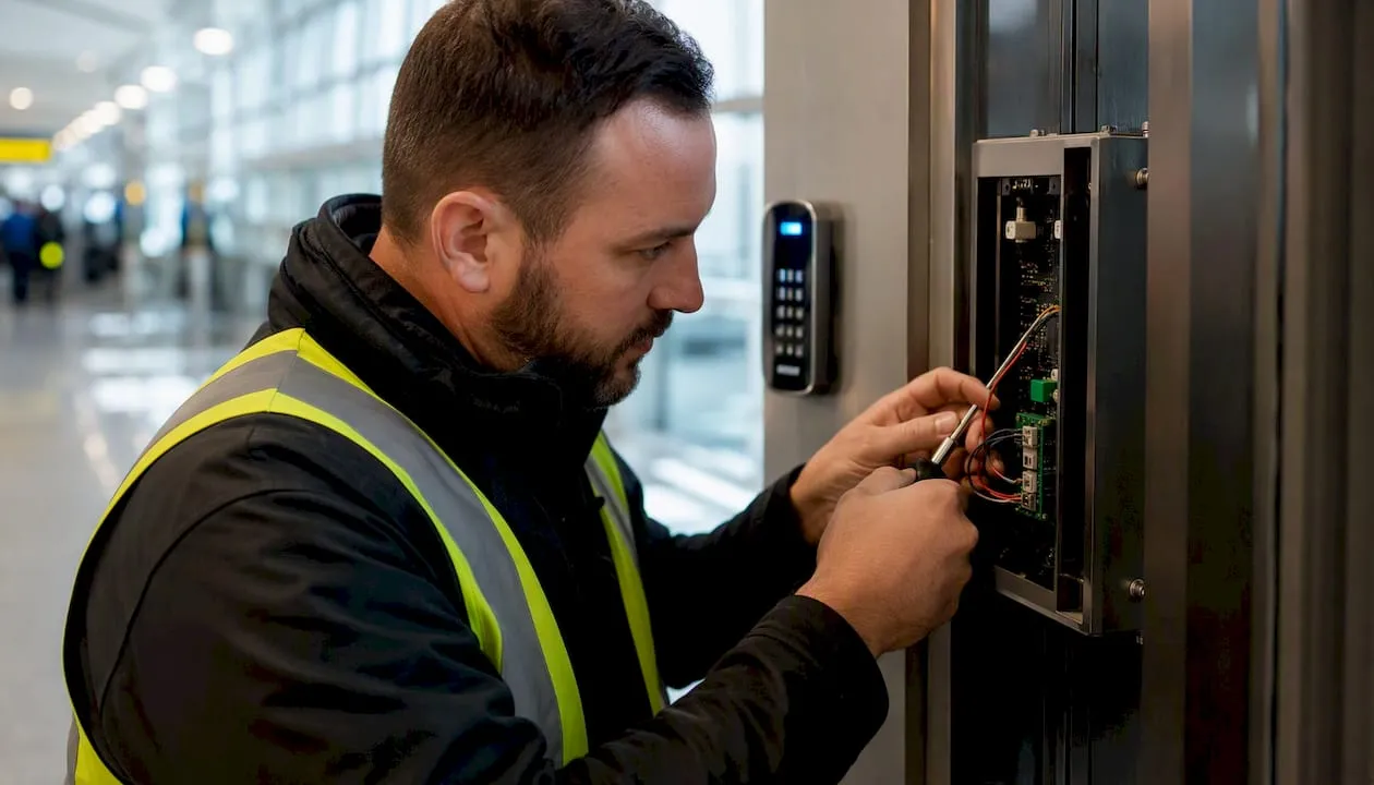 Technician wiring UK office access control panel