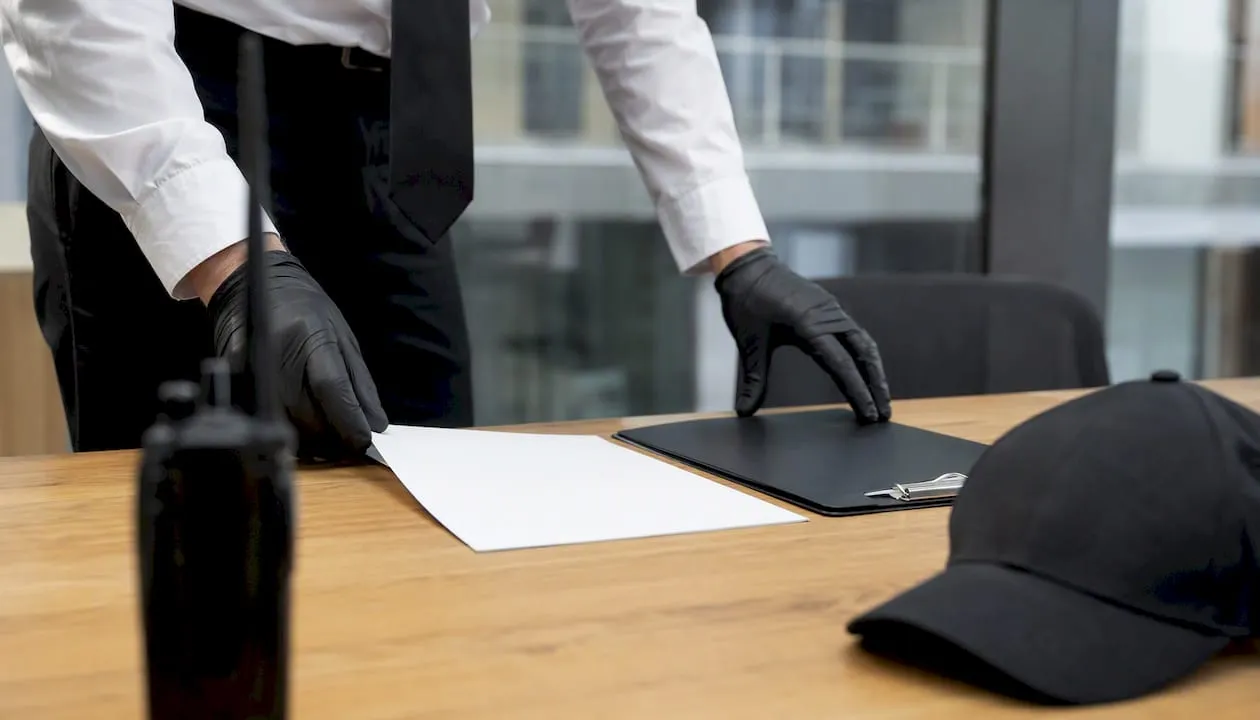 Hands preparing security job description on desk