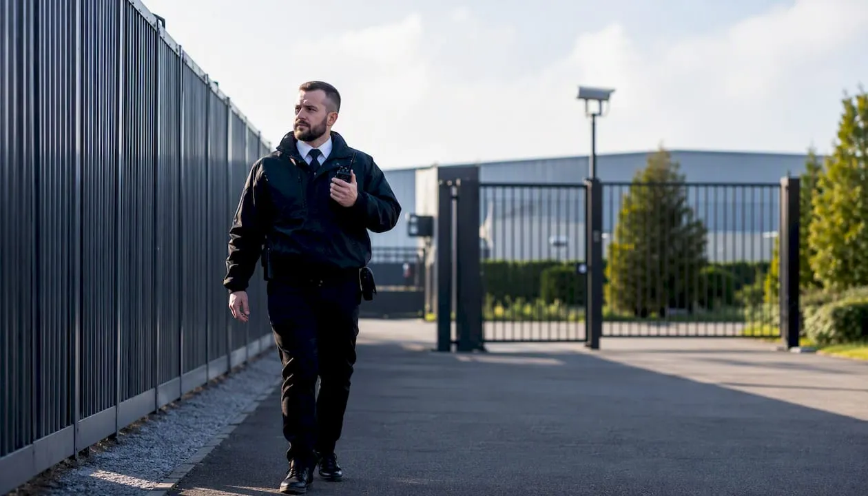 UK security officer patrolling a commercial site