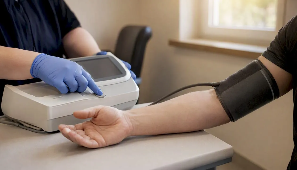 Blood pressure check in UK health clinic