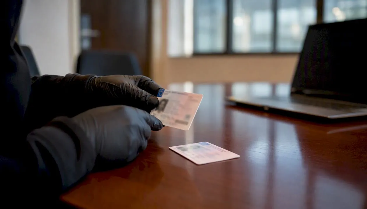 Gloved hands checking UK identity documents