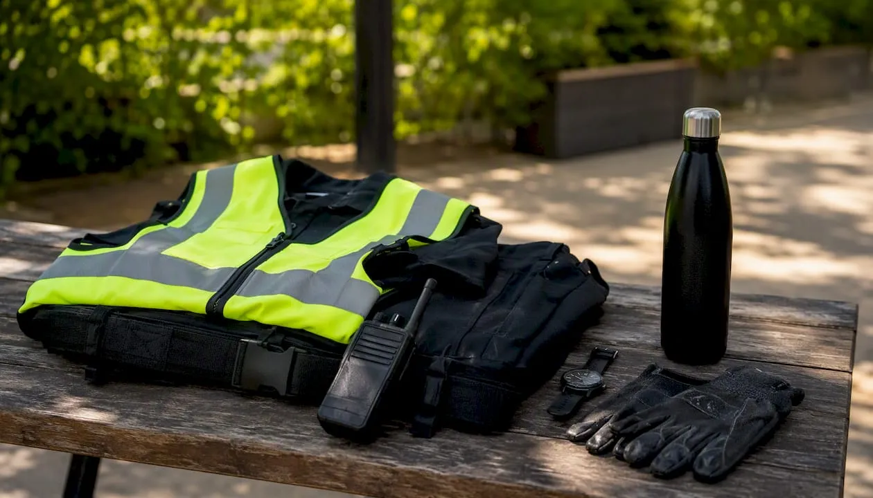 UK security guard uniform and equipment on bench