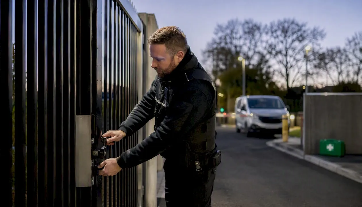 Security officer securing office entrance gate