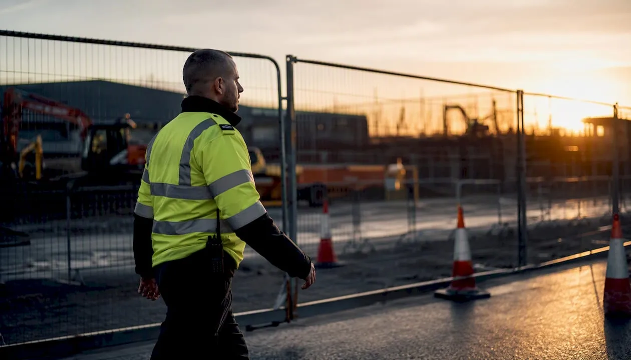 UK security guard patrolling construction perimeter