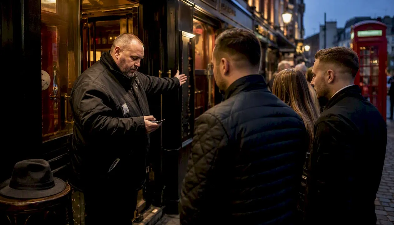 Door supervisor managing nightclub queue at entrance