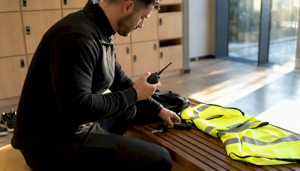 UK security guard preparing manned guarding gear