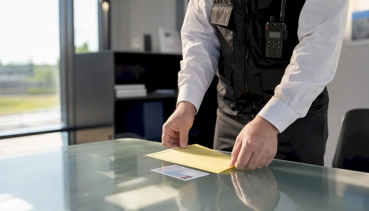 Security guard placing SIA licence and certificates on table