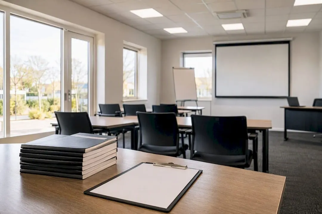 Empty UK security training classroom setting