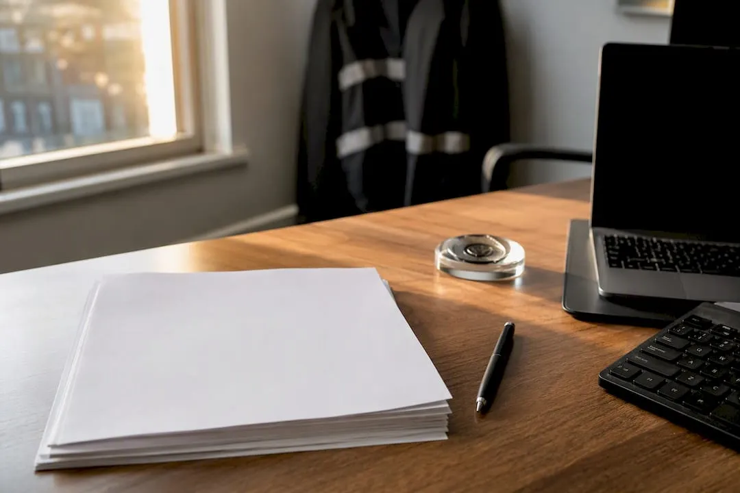 Desk with blank job ad materials in UK security setting