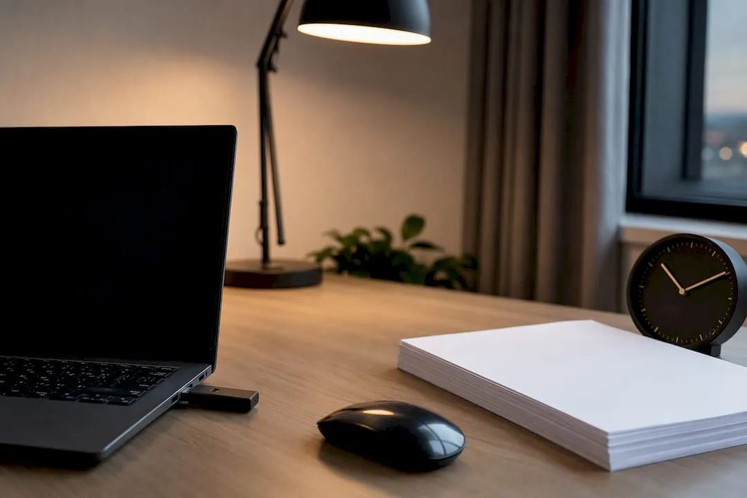 Desk with laptop and USB drive for digital file handling