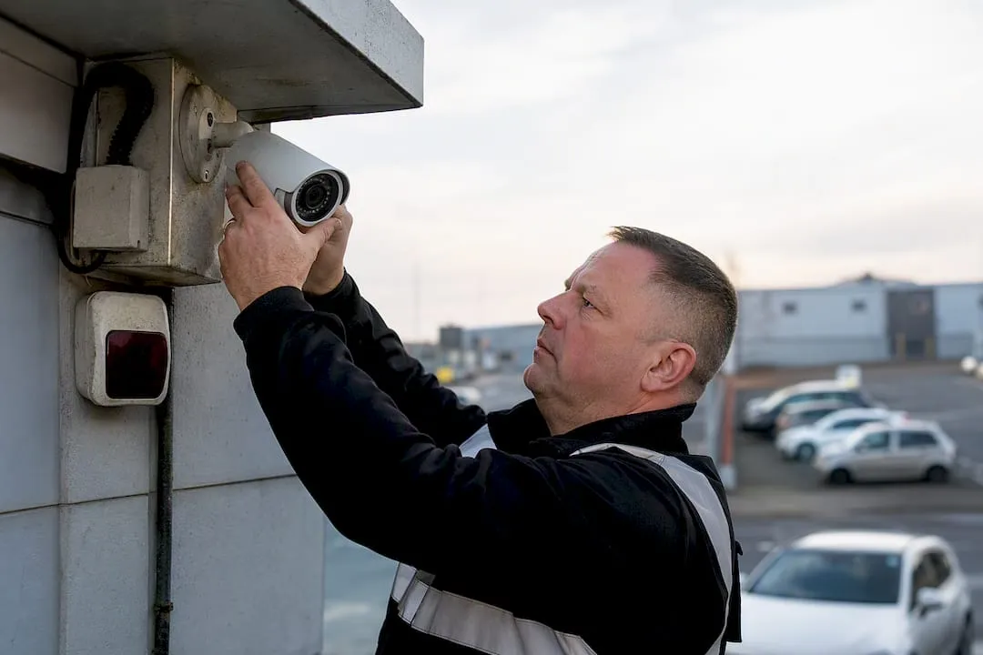 UK security officer inspecting gate lock