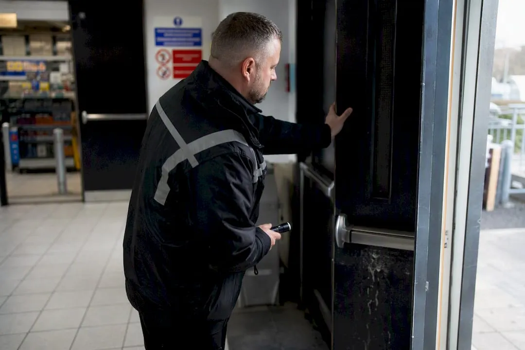Security guard closing propped fire door