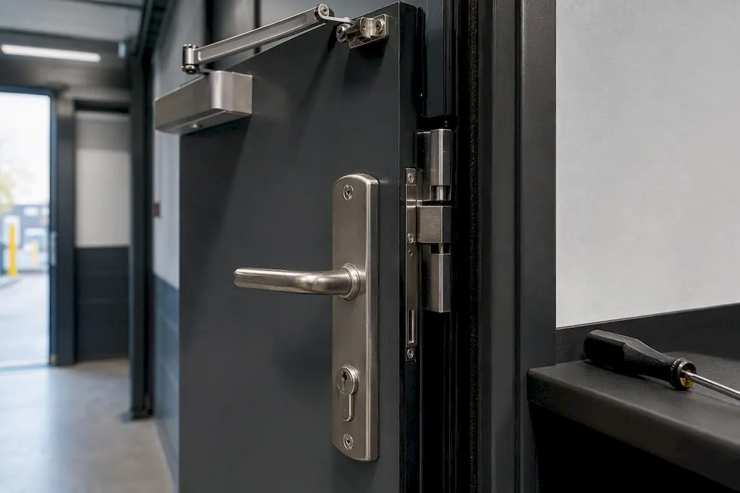Close-up of maintained secure door hardware