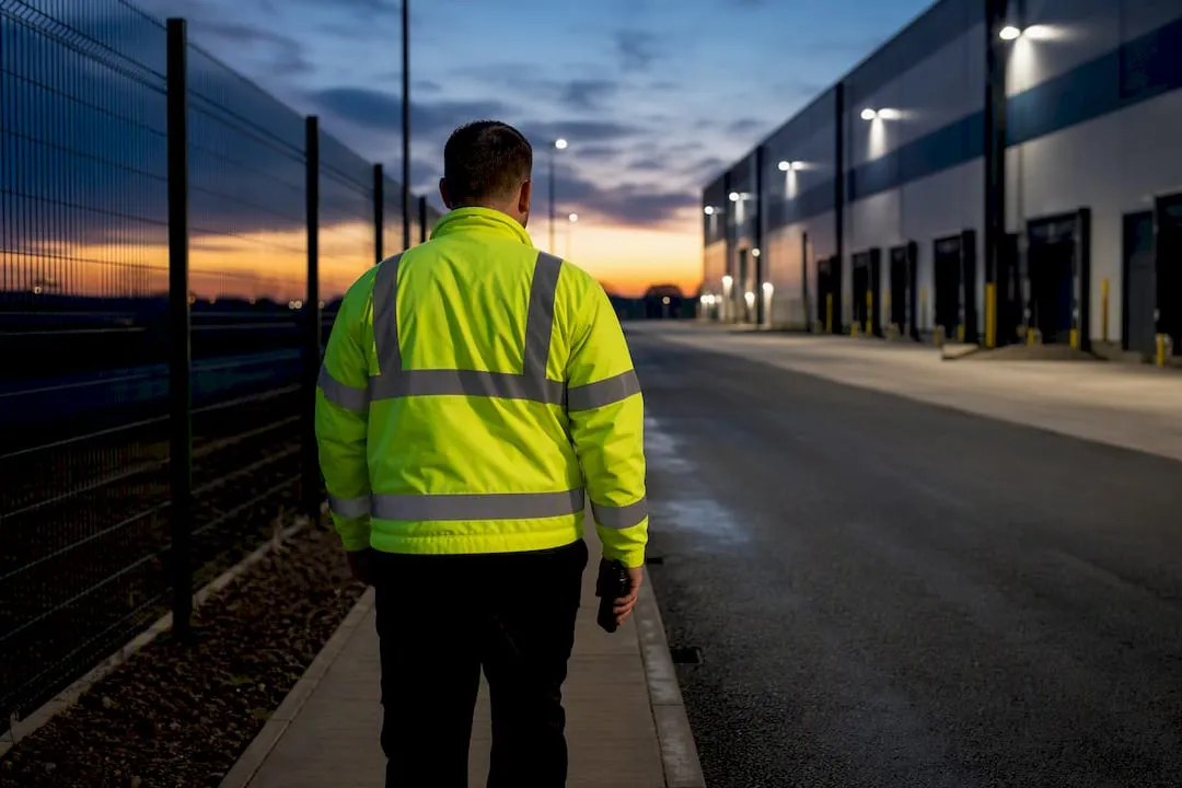 UK security operative patrolling logistics facility