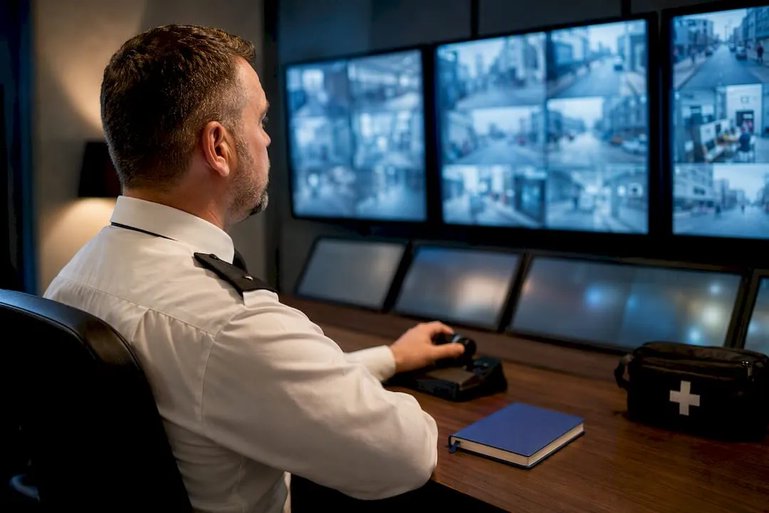 UK CCTV operator monitoring security screens