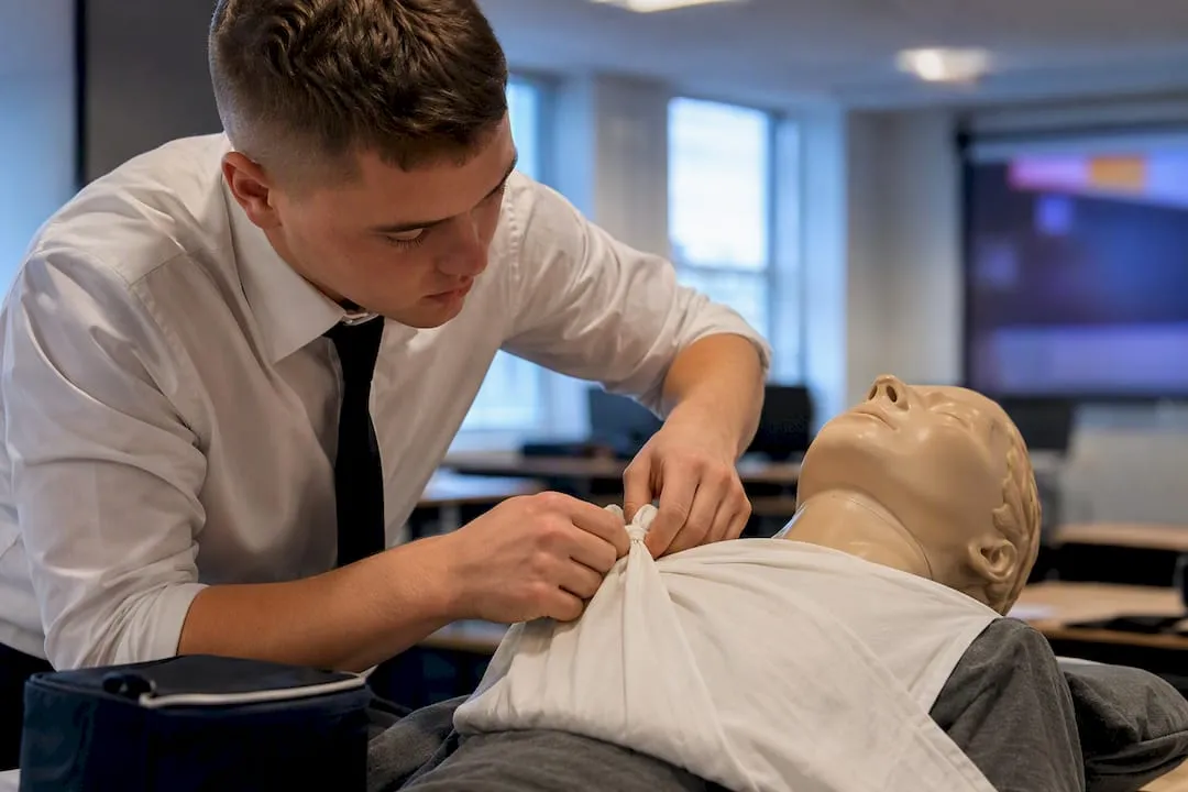 UK security trainee practising first aid