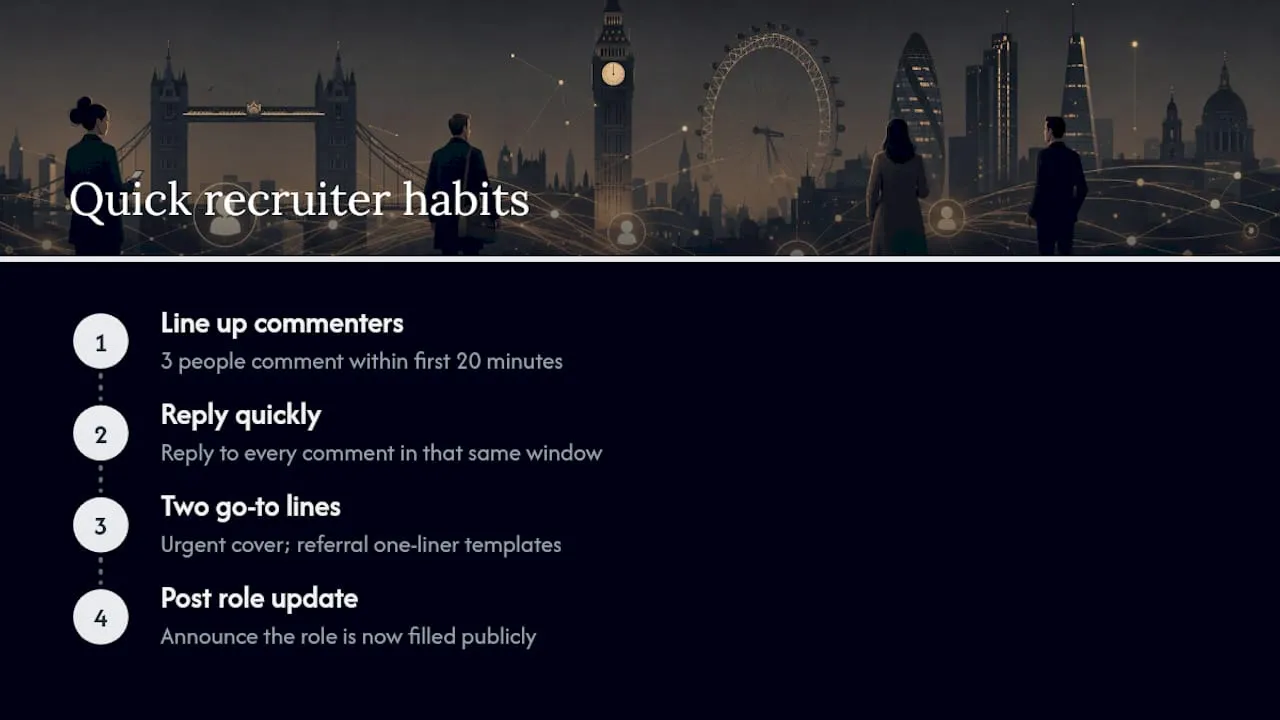 First-person recruiter note: quick habits and two go-to one-liners — overview diagram