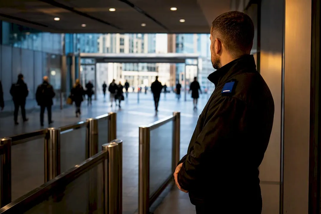UK security officer scanning transport interchange