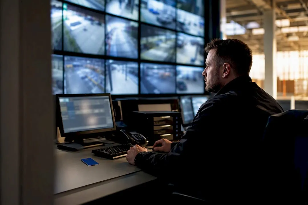 UK security control room with CCTV screens