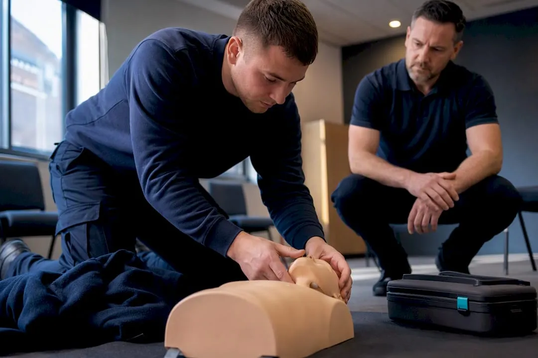 UK security trainee practising first aid