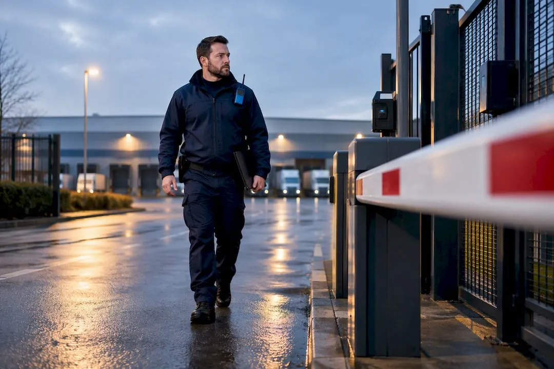 UK security manager inspecting logistics depot perimeter