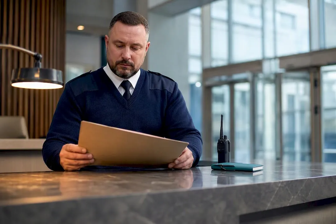 UK security officer reviewing application folder