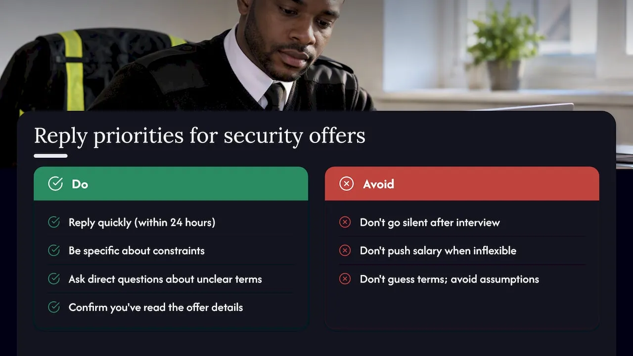 Editorial take on replying to job offers in security recruitment — overview diagram