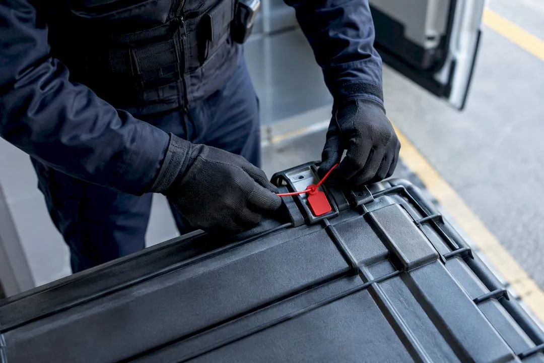 Security officer checking a sealed transit case